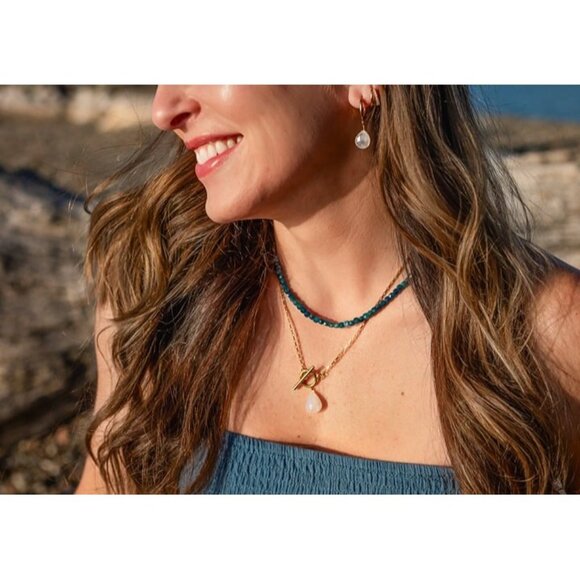 Blue Apatite Gemstone Necklace Gold Toggle Clasp Removable Baroque Pearl - Picture 2 of 12